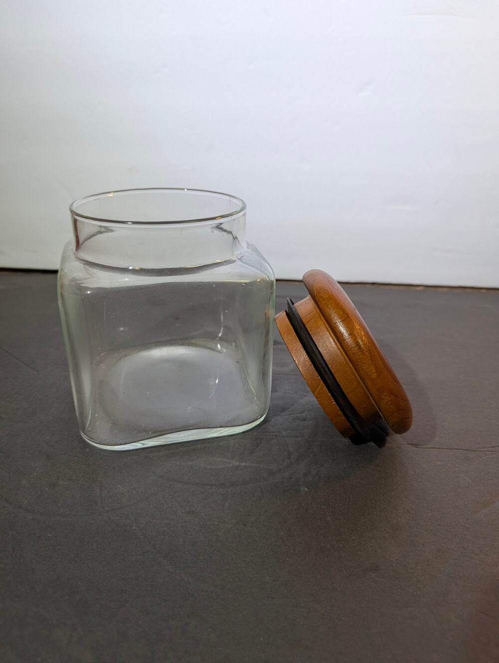 Vintage MCM Clear Glass Canister with Teak Sealed Lid 5" apothecary